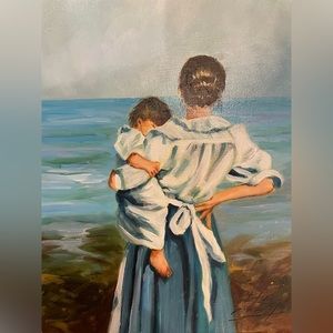 Painting Mother & Child Next to the Ocean, Signed Art By L. Espi, Circa 1987